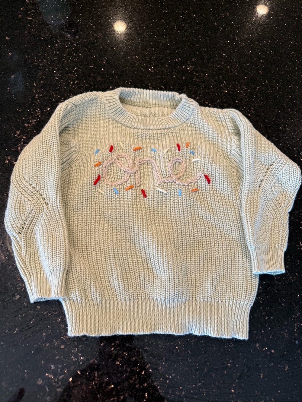 Hand Embroidered Baby Sweater 12-18 Months Sage Green Knit “one” Birthday